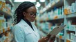 © Generative AI - African woman pharmacist in white coat examining products with clipboard in a modern pharmacy : Generative AI