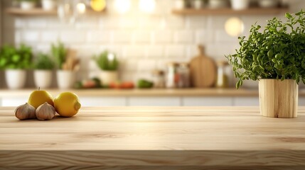 Poster - kitchen table background wood counter top on blur of white clean abstract home interior with bokeh  used for display or montage your wooden for dining background table banner podium : Generative AI