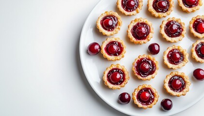 Wall Mural - Mini cranberry pie tarts snack dessert homemade in white plate copy space background