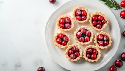 Wall Mural - Mini cranberry pie tarts snack dessert homemade in white plate copy space background