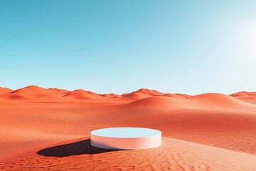 Wall Mural - An isolated podium in the middle of Mars' red dunes, with a bright blue sky, perfect for highlighting products in a sci-fi inspired setting