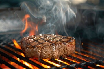 Wall Mural - Juicy beef steak searing on a fiery grill, smoky backdrop