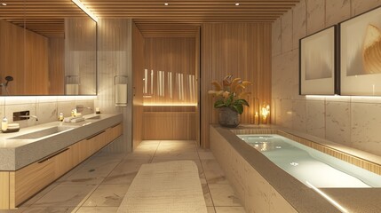 Wall Mural - A 3D model of a modern bathroom with sleek fixtures and a spa-like ambiance.