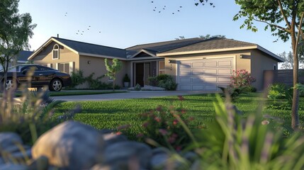 Wall Mural - A 3D model of a suburban home with a well-maintained front lawn and a two-car garage.