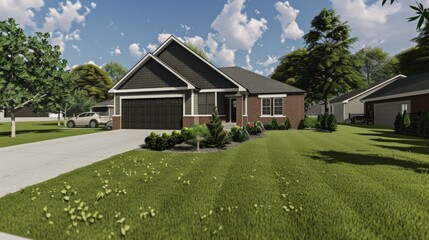 Wall Mural - A 3D model of a suburban home with a well-maintained front lawn and a two-car garage.