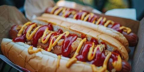 Poster - Tasty gourmet hot dogs accompanied by ketchup and mustard, a favored option for street cuisine.