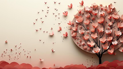 Wall Mural - A digital illustration of a tree with red leaves and butterflies flying around it,