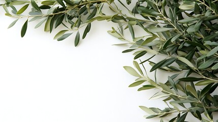 Decorative floral corner Closeup of olive tree leaves and branches over white wall background Minimal botany composition summer concept Mediterranean foliage No people front view : Generative AI