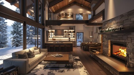 Poster - A 3D rendering of a mountain cabin with a cozy interior and a fireplace, surrounded by snow.