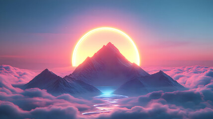 Sticker - A majestic mountain peak rises above the clouds with a glowing halo around it during a magical sunset, with a river flowing through the mountains.