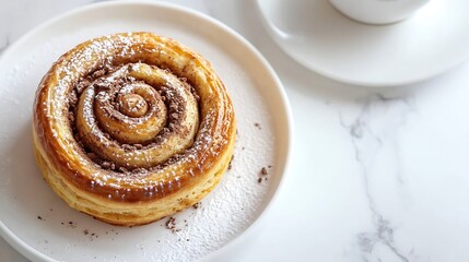 Aufkleber - Freshly baked cinnamon roll with spices and cocoa filling and coffee or cappuccino on white serving plate on white marble table over white background Swedish breakfast Copy space Selec : Generative AI