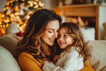 High-resolution brightly lit photorealistic candid photograph of a mother and daughter bonding together in a warm, inviting living room. The image is styled like a high-end lifestyle magazine, with a