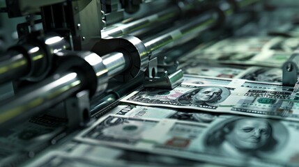 Canvas Print - A 3D scene of a banknote printing press in action, producing sheets of currency, representing the process of money creation and the economy.