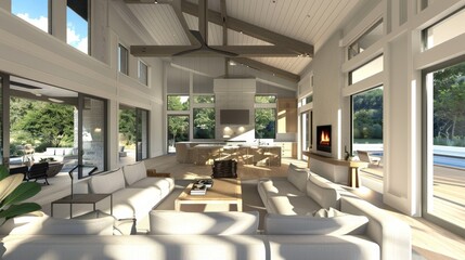 Wall Mural - A 3D visualization of an open-concept living area with modern furnishings and a fireplace.