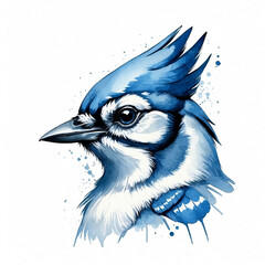 Wall Mural - Blue Jay head watercolor art style logo on plain white background