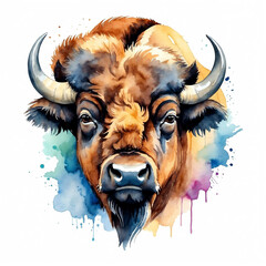 Wall Mural - Bison head watercolor art style logo on plain white background