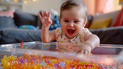 Poster - A baby enjoys playing with a sensory bin, their hands exploring the different textures and their face filled with excitement and curiosity. The engaging activity and bright setting create 