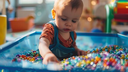 Poster - A baby enjoys playing with a sensory bin, their hands exploring the different textures and their face filled with excitement and curiosity. The engaging activity and bright setting create 