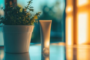 Poster - A tube of cream stands reflected in a mirror next to a small potted plant, illuminated by soft evening light, creating a serene atmosphere. Generative AI