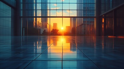 Poster - Empty square floor and glass wall with modern building at sunrise : Generative AI