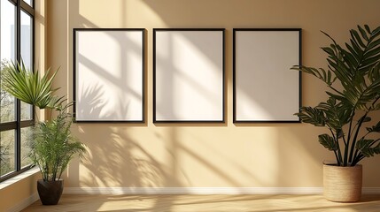 Aufkleber - Artistic mockup template Black vertical picture frames on beige wall background in sunlight Poster display at home minimal Scandinavian design no people Elegant apartment concept Templ : Generative AI