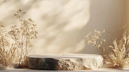 Poster - Composition empty podium material tree stone dry flowers Product presentation Background beige green Beautiful background from natural materials : Generative AI