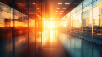 Wall Mural - A modern glass hallway with a bright sunset reflection in the windows.