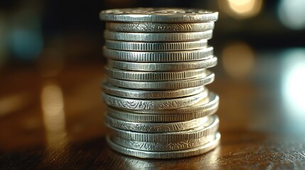 Fototapete - Stack of silver coins presentation at table going up as symbol of prosperity and rising income closeup : Generative AI