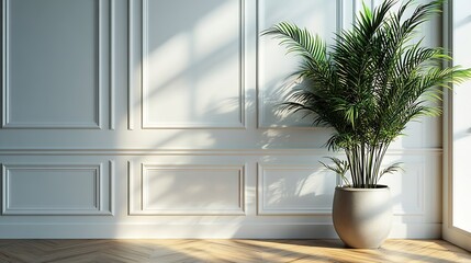Poster - White classic wall background brown parquet floor home furniture detail frame and vase of plant : Generative AI