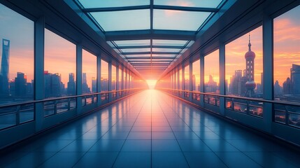 Canvas Print - Empty square floors and bridge with city skyline at sunset in Shanghai China : Generative AI