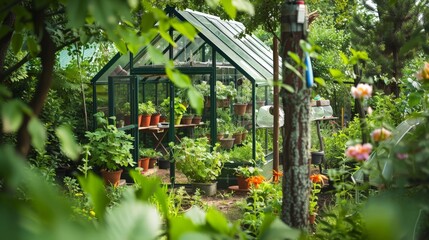 Wall Mural - A backyard greenhouse filled with a variety of plants, perfect for gardening enthusiasts.