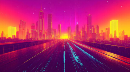 Wall Mural - A neon city skyline with a long road stretching out in front, glowing with digital effects.