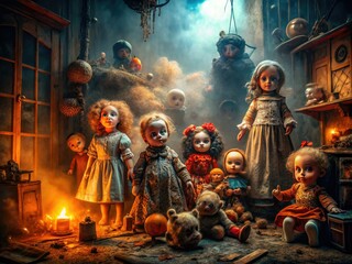 haunting surreal 3d abandoned standee creepy dolls toys mysterious eerie misty foggy high contrast bold cinematic dark moody red orange