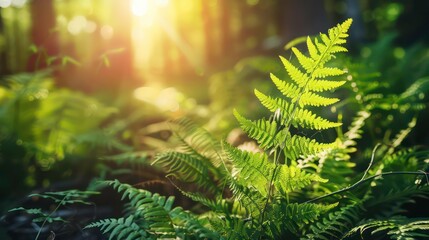 Sticker - Sunlight filtering through green ferns in a forest, creating a vibrant and textured scene.