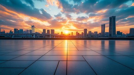 Poster - Empty square floor and bridge with city skyline at sunset : Generative AI
