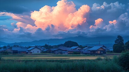 Poster - Scenes of Cumulonimbus cloud on the blue sky in the evening along with villages in Japan rural area : Generative AI