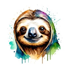 Poster - Sloth head watercolor art style logo on plain white background