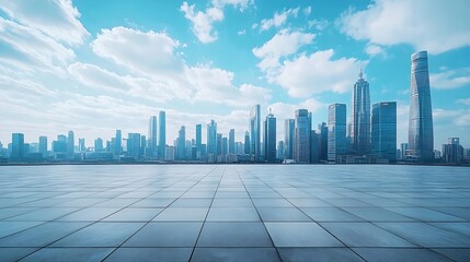 Empty square floors and city skyline with modern buildings under blue sky : Generative AI