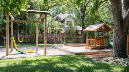 Poster - A children's play area in the backyard with a swing set, a sandbox, and a small playhouse.