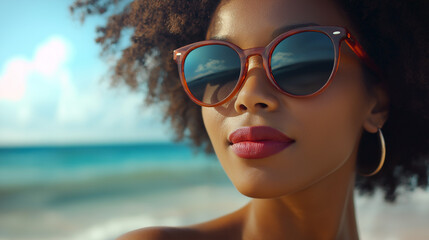 Woman wearing sunglasses reflecting ocean view, summer vacation concept, beach reflection, stylish eyewear, close-up portrait, sunny day, relaxed holiday mood, seaside fashion