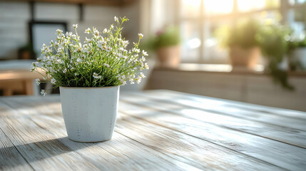 Poster - A pot of white flowers sits on a wooden table in a room with a window.