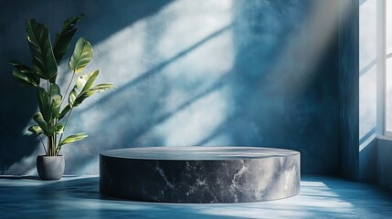 Aufkleber - Minimal style Luxury mockup for product presentation black stone podium on blue background with natural sunlight shadow banner front view stand stage for natural skin care and cosmetic : Generative AI