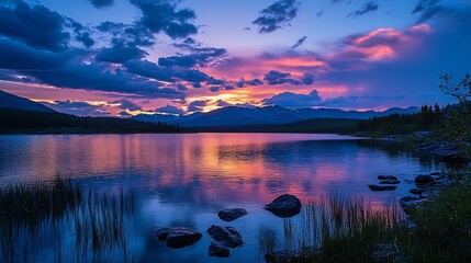 silhouetted shore with sunset coloring the clouds over frances lake watson lake yukon canada : gener
