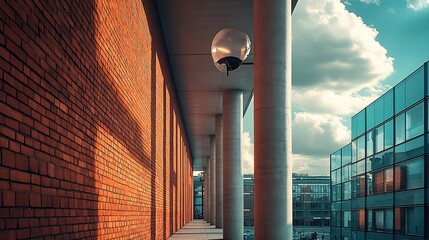 Leinwandbilder - Surrounding brick wall with concrete columns with cloudy sky street lamp and modern building on behind Urban road in front Background for copy space : Generative AI