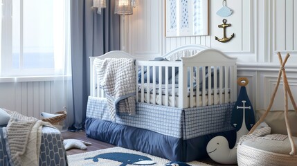 Poster - A cozy baby room with a nautical theme, featuring a blue and white crib, anchor decorations, and a plush whale toy. The soft lighting and seaside elements create a relaxing and comforting environment.