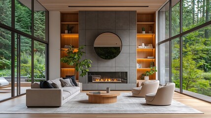 Wall Mural - Chic living room filled with builtin cabinets flanking round mirror atop grey tile fireplace tufted sofa facing two armchairs and window wall overlooking  lush outdoors Northwest USA : Generative AI