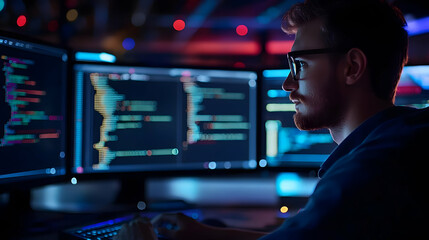 A programmer works late into the night, staring intently at his computer screens filled with lines of code.