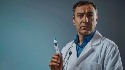 Wall Mural - A doctor in a lab coat, isolated with a digital thermometer, ready to take a patient's temperature. The medical equipment and professional attire highlight their role in routine health checks.