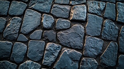Poster - Dark gray cobblestone pavement from old rough stones as background top view close up : Generative AI