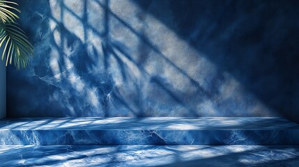 Aufkleber - Blue Background Dark 3d Studio Minimal Kitchen Table Display Room Abstract Scene Business Light Shadow Leaf Texture Space Wall Floor Bg Mockup Template Beauty Luxury Wallpaper Stage Gr : Generative AI
